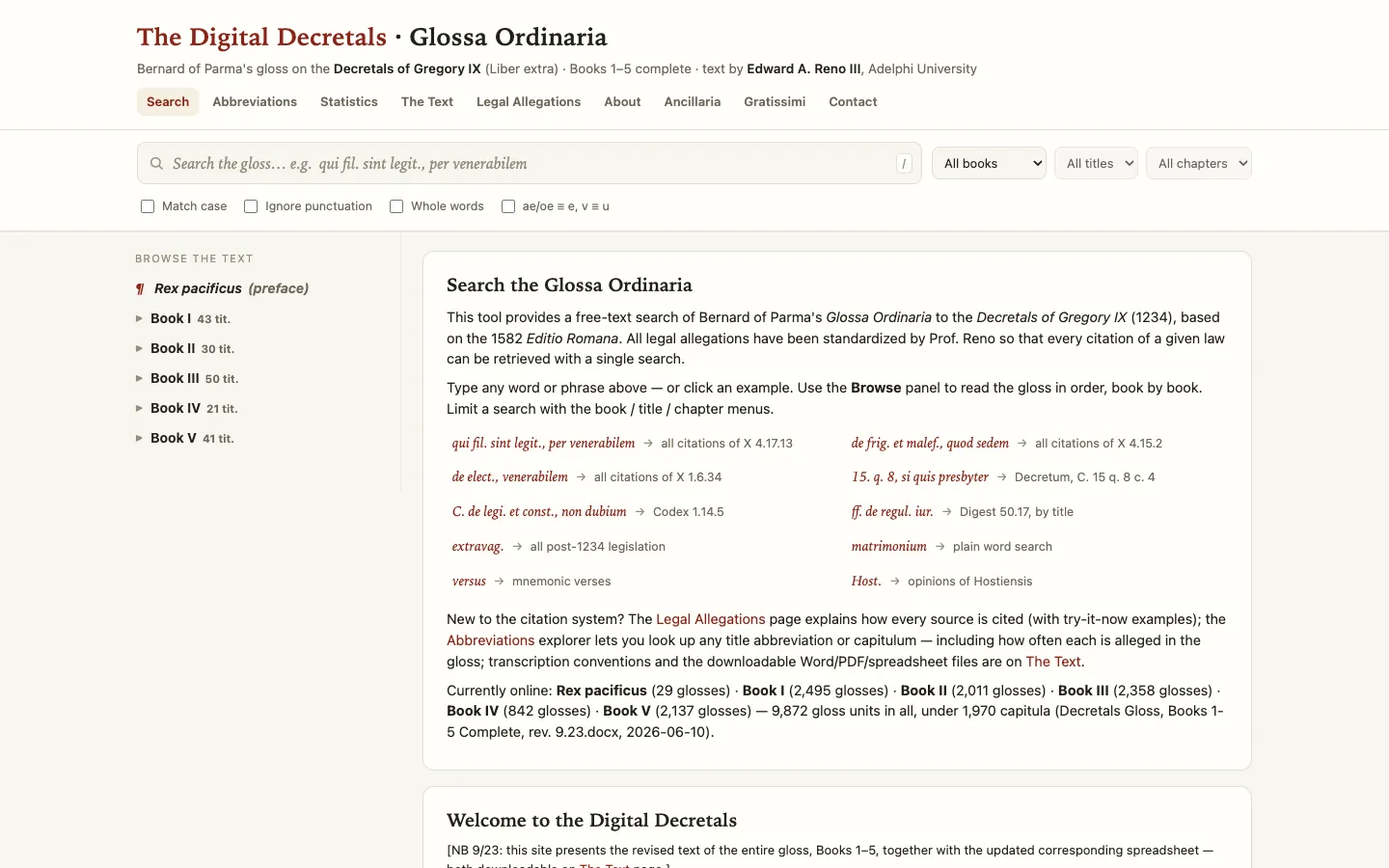 Screenshot of the The Digital Decretals homepage