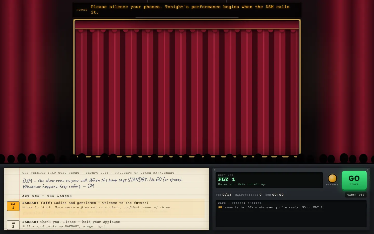 The Website That Goes Wrong mid-show: the title missing its E, the PRE-ORDER button swinging on one wire, and the prompt desk below