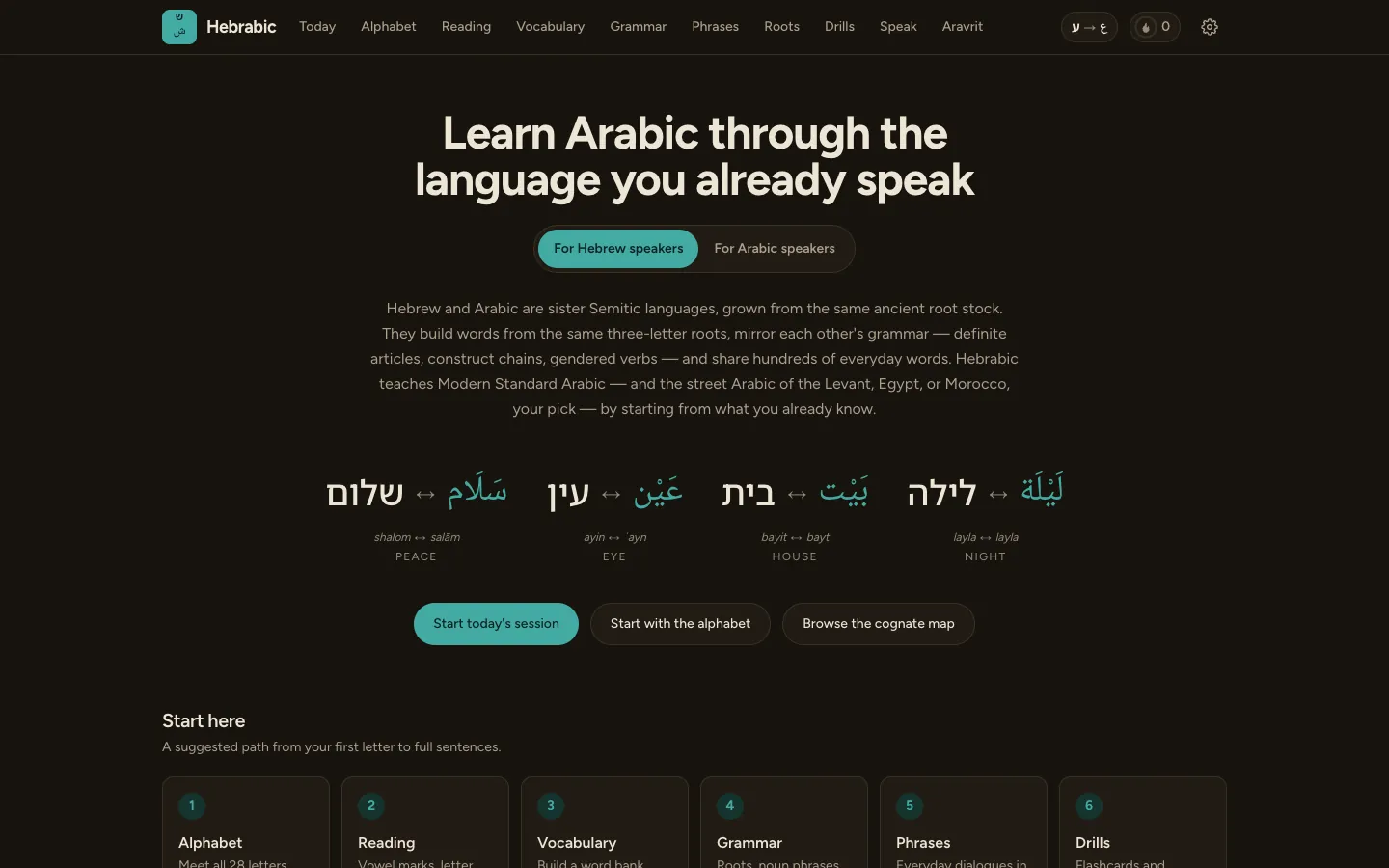 Screenshot of the Hebrabic homepage