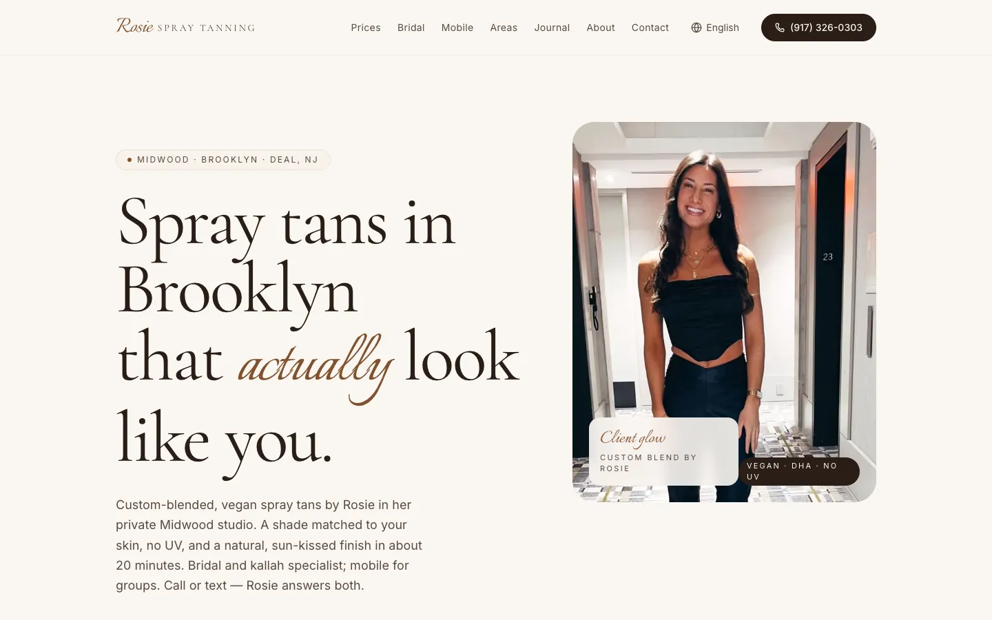 Screenshot of the Spray Tanning by Rosie homepage
