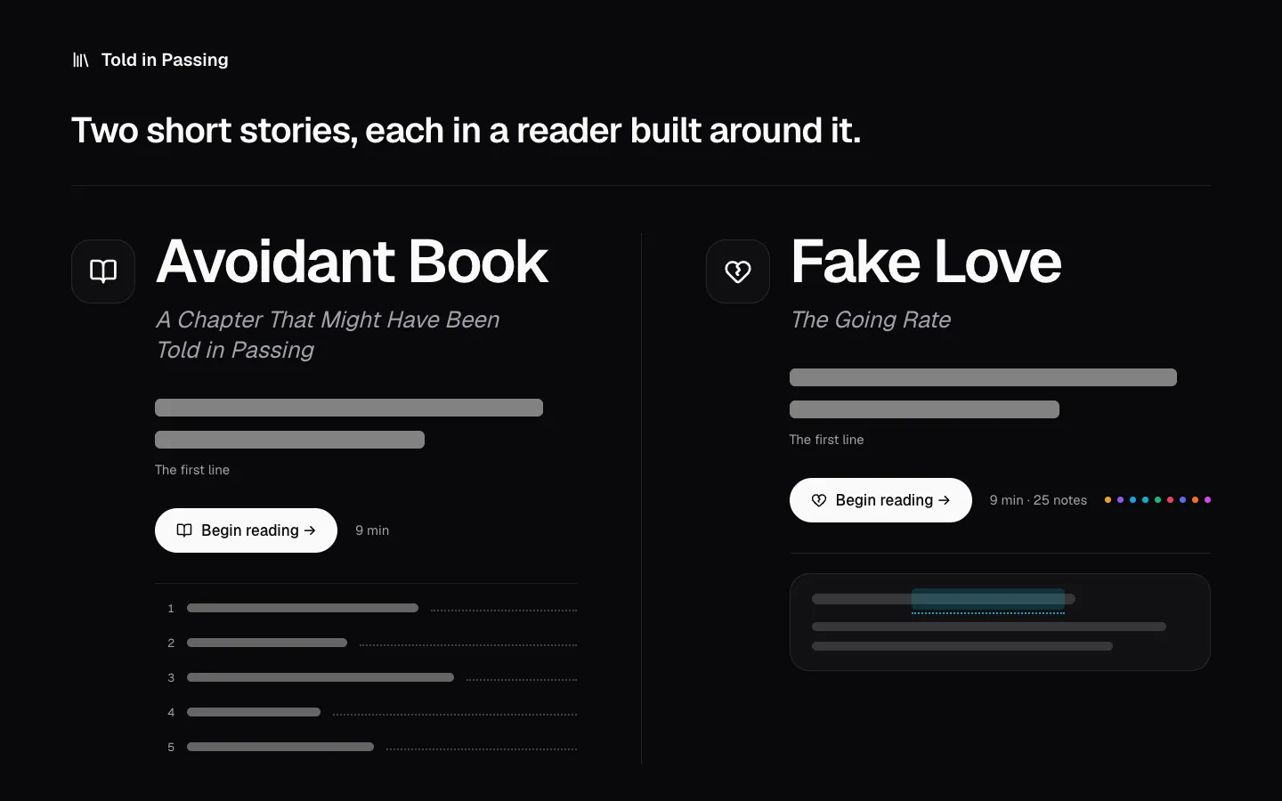 Told in Passing's contents page: Avoidant Book and Fake Love side by side, story text drawn as bars