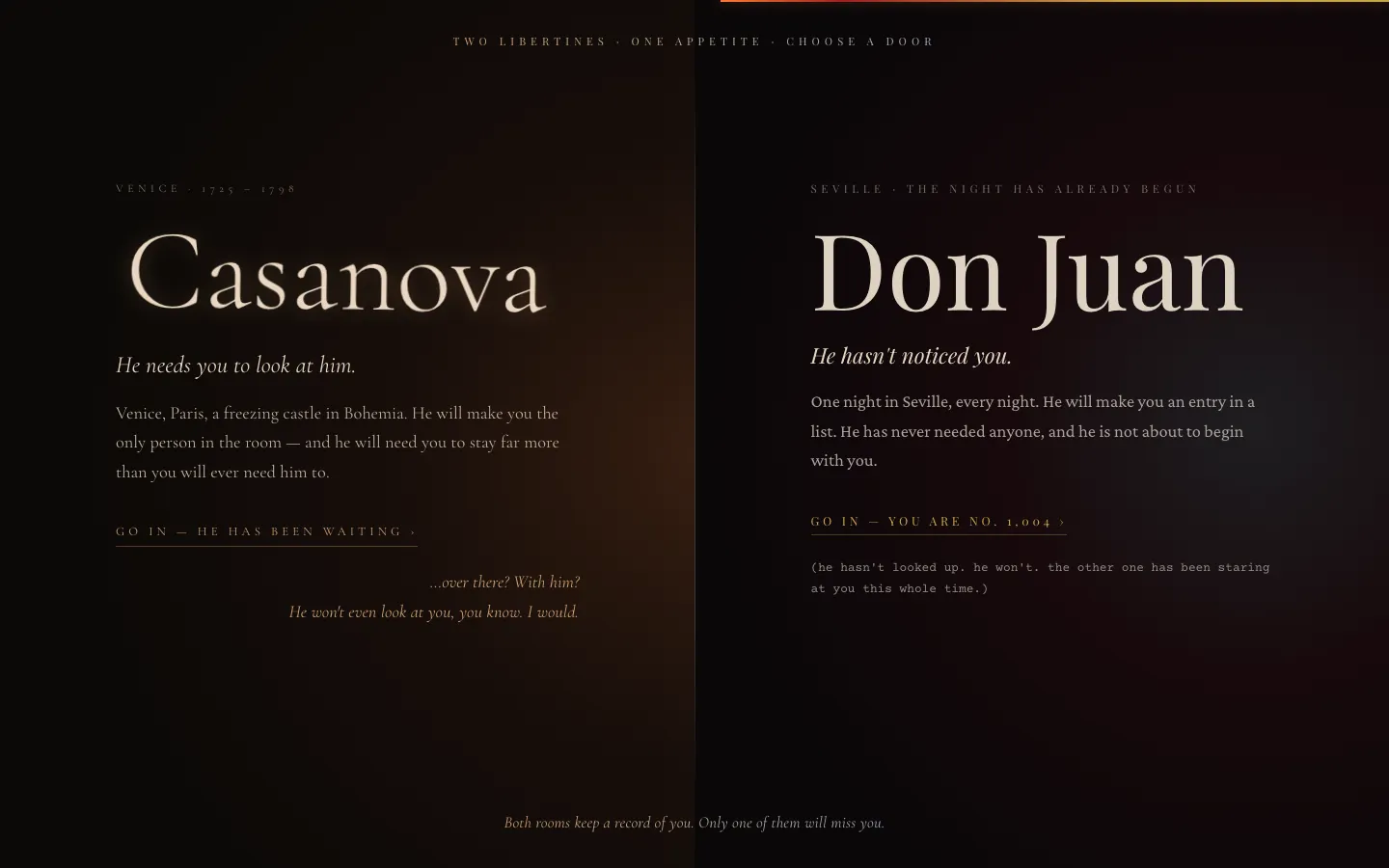 The Two Libertines foyer: Casanova's warm half on the left, his light pressed toward the seam, and Don Juan's dark half on the right